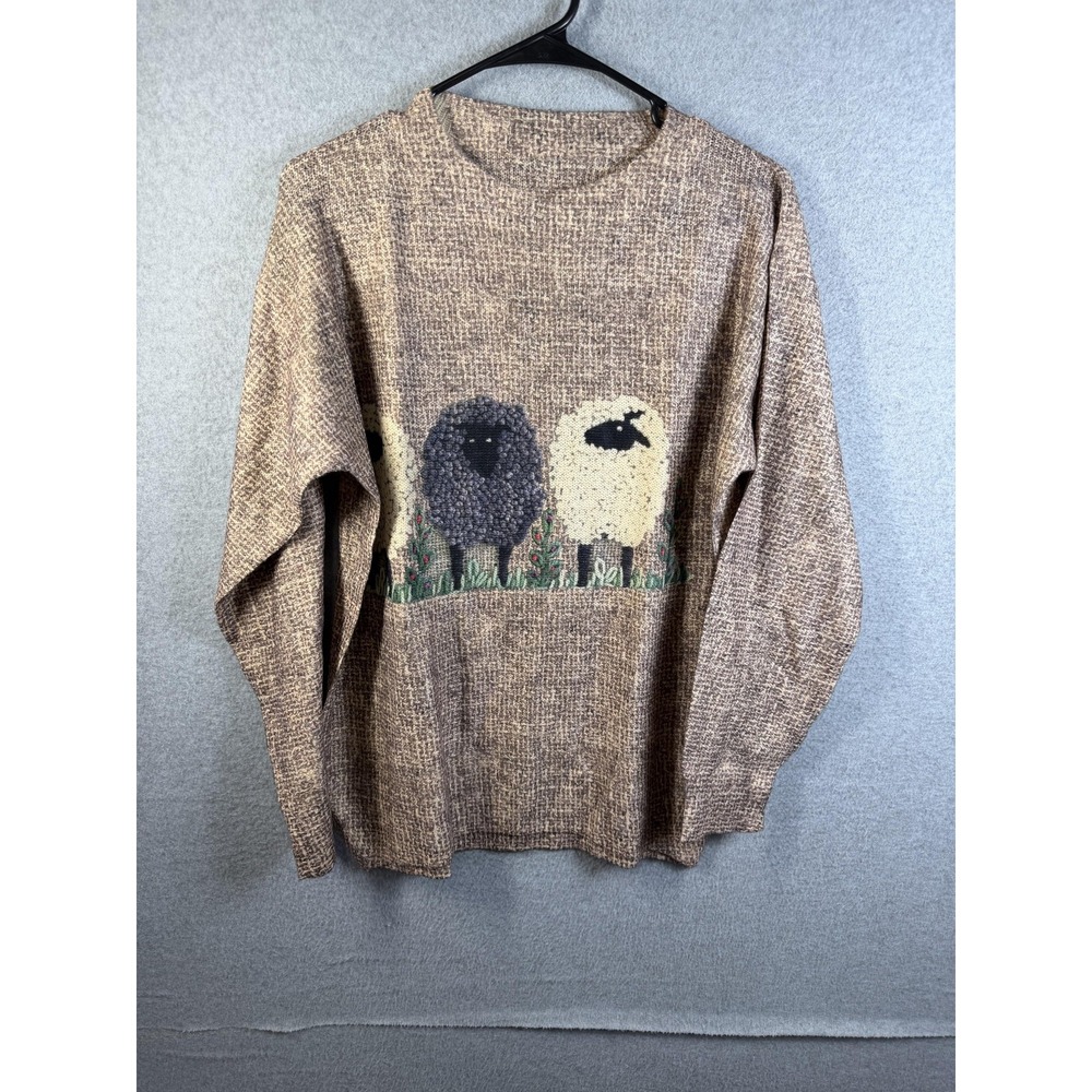 Shein sweater Womens Small Brown Sheep Embroidered Crew Neck Knit Pullover Top